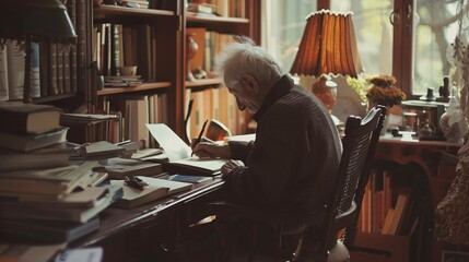 Elderly Writer Crafting a Novel in a Tranquil Home Office
