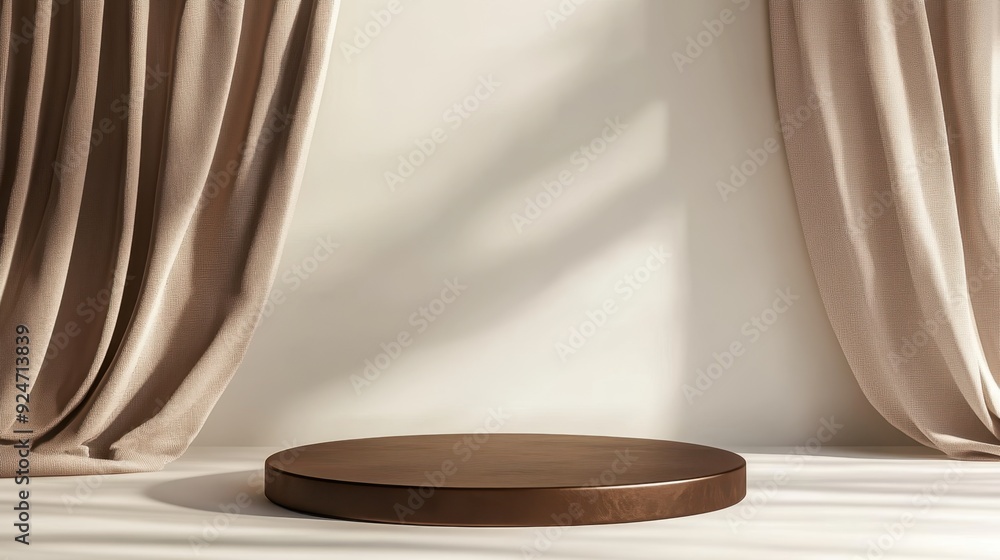 Poster sophisticated brown podium in minimalistic style with matte texture and subtle lighting on white bac