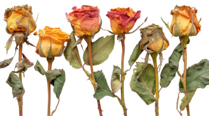 Dried roses arranged in a decorative frame isolated on white