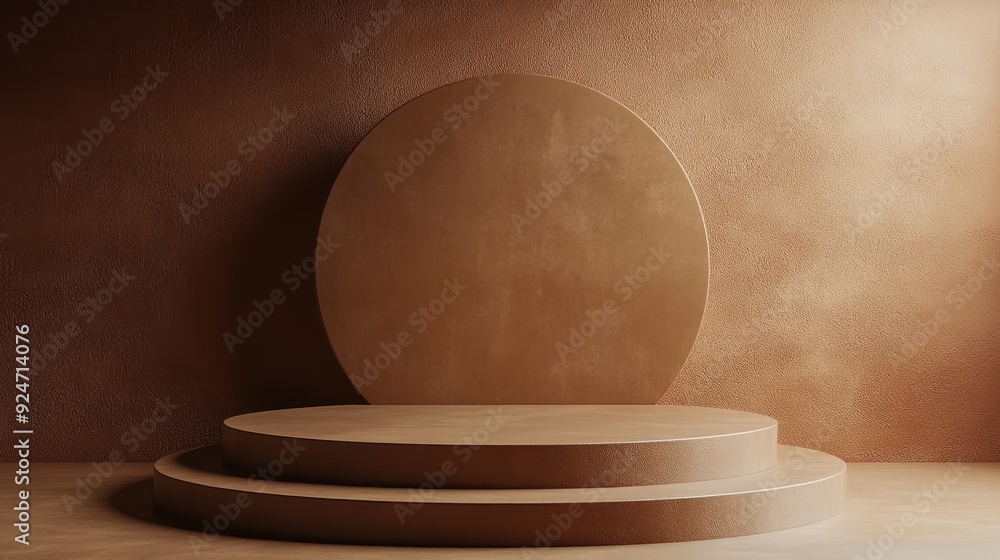 Poster clean and minimal brown podium with soft ambient light on smooth textured backdrop