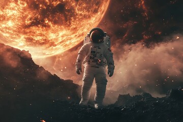 Spaceman and planet  illustrating human existence in the vastness of outer space