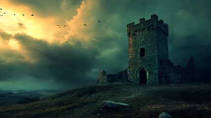 A lone stone tower stands on a grassy hill against a stormy sky. Birds fly overhead. The tower has a dark entrance and a single window.