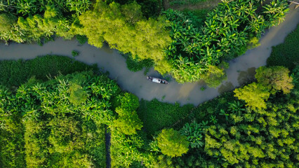
A small wooden boat in a river surrounded by nature, in Vietnam, Asia,  seen from above
