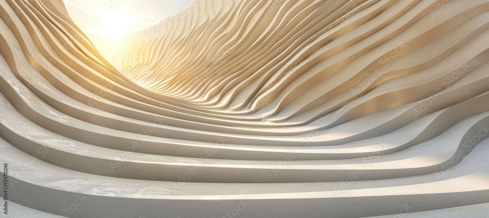 Poster modern architecture design abstract concrete structure with wavy lines, sunlight, and deep shadows