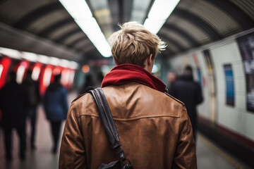 Ai generated rear view photo of a man tourist on a train station