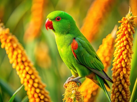 Vibrant Vernal Hanging Parrot with bright green plumage and orange beak perches on a stalk of golden millets in a sun-kissed Indian farm landscape.