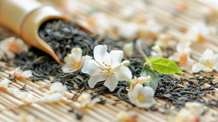 Tea Leaves and Blossoms on Bamboo Mat