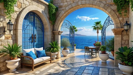 Obraz premium Mediterranean Coastal Stone Escape: Blue and white hues, archways, wrought iron details, coastal vibes