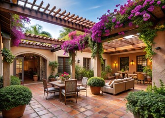 Fototapeta premium Mediterranean Family Retreat: Earthy tones, terracotta tiles, open courtyards, shaded pergolas, blooming bougainvillea