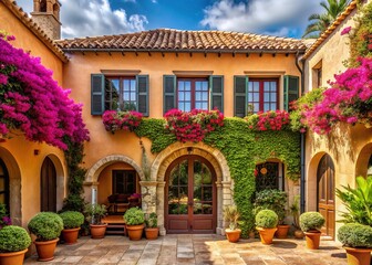 Mediterranean Villa Serenity: Symmetrical facade, terracotta tiles, arched windows, tranquil courtyard, blooming bougainvillea