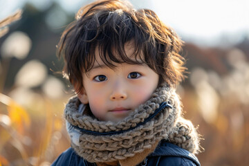 Fototapeta premium Generative AI picture of a beautiful boy getting to know the world walking outdoors