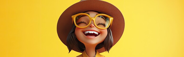 Charming sun kissed character in trendy brown chapeau striking a confident stance and beaming 3D cartoon portrait of a stylish light skinned girl giggling against a cheerful yellow backdrop