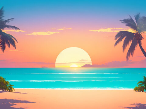 Summer romantic landscape, palm trees and the ocean at sunset. Flat cartoon style. AI generation