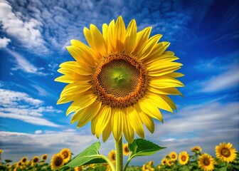 Vibrant yellow sunflower with delicate petals stands tall against a brilliant blue sky, capturing the serene beauty of nature in stunning 4K clarity.