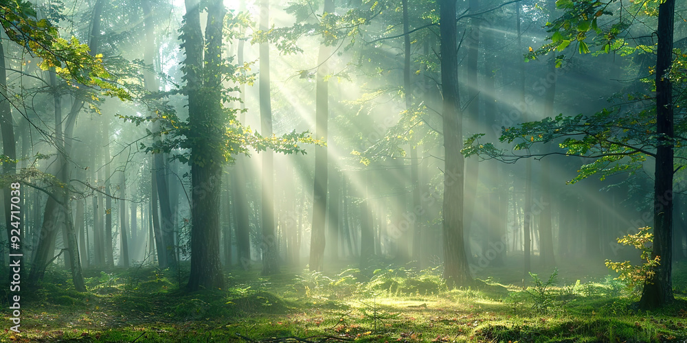 Poster Fog in the forest with rays of light
