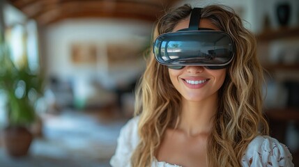 Naklejka premium Person Exploring a Property with a Virtual Reality Headset for an Immersive Real Estate Experience