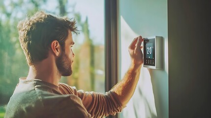SHOTLISTtech: A man adjusting the temperature on a wall-mounted touch-screen thermostat in a stylish bedroom with natural lighting
