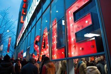 Naklejka premium Crowd of people are gathering outside a store with a large red sale sign in the windows