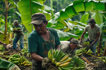 Group of farmers carrying bunches of green bananas during harvest time in a plantation