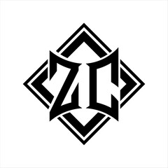 ZC Letter logo with abstract shield shape with square black outline on white background design