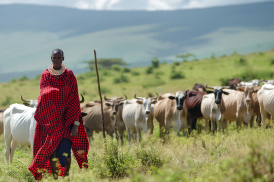 Maasai man in traditional attire walks peacefully with cattle in the african savanna, showcasing the tribe's deep connection to land and livestock