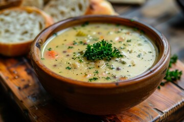 Comforting and Creamy Rustic Bowl of Vegetable Soup with Parsley Garnish on Wooden Table