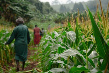 African farmers walking through lush maize field in kenya, tending crops sustainably for food security and livelihoods. Traditional methods support bountiful harvest in vibrant green countryside