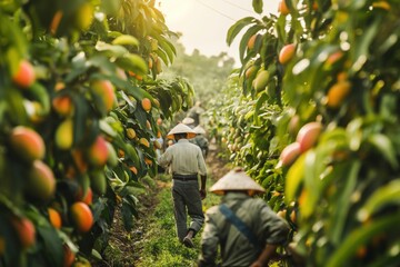 Farmers walking through rows of mango trees, picking ripe mangoes on a sunny day