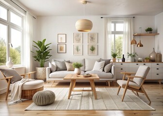 Scandinavian Serene Bliss: White walls, light woods, cozy textiles, minimalist design, calming atmosphere