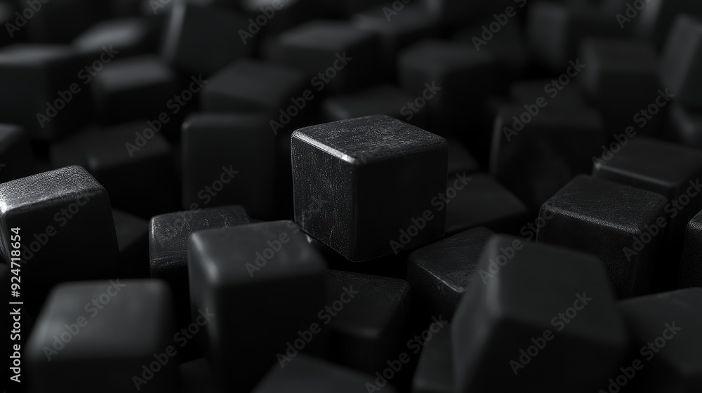 Poster a close-up view of numerous black cubes scattered in a textured arrangement, creating a visually eng