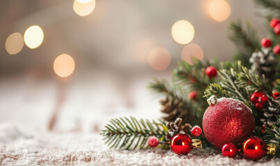 Fototapeta premium Red Christmas Ornament on Snowy Branch