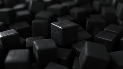 Obraz premium A close-up view of numerous black cubes scattered in a textured arrangement, creating a visually engaging pattern.