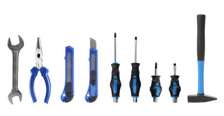 Set of different construction tools on white background