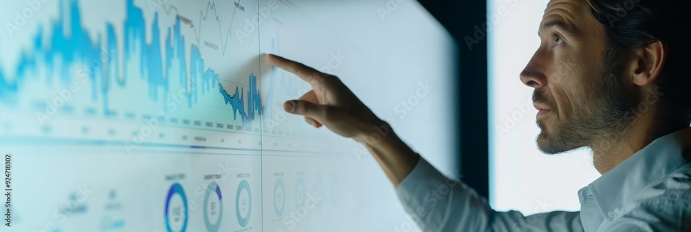 Poster a person is pointing at a large digital screen showing data visuals, engaged in a detailed analysis 