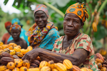 African farmers are posing with a large pile of cocoa beans after harvesting them on a plantation in ivory coast