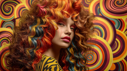 Voluminous, wavy 1970s-inspired hairstyle with bold curls and vibrant colors