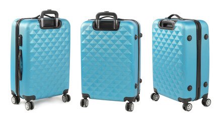 Set of light blue suitcase on white background, view from different sides