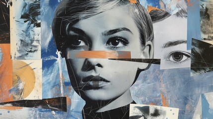 Vintage surreal collage of woman face with abstract brushstrokes image. Geometric shapes, layered textures photography scene wallpaper. Eighties fashion concept photorealistic picture