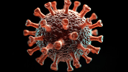 A detailed, high-resolution image of a virus cell under a microscope, showcasing the virus's structure with prominent spikes and proteins on its surface, set against a dark background