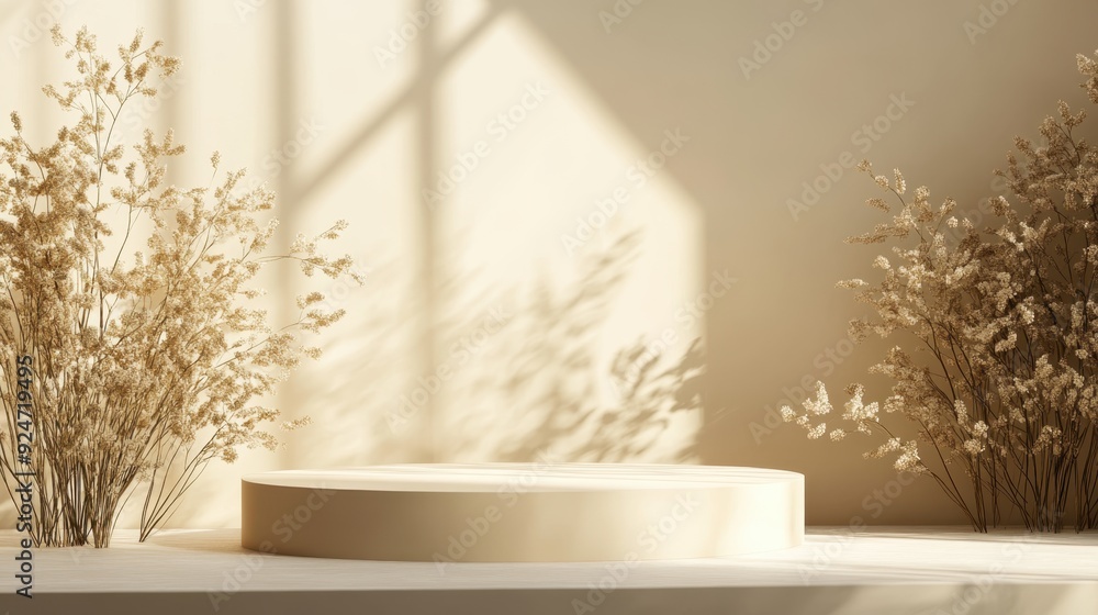 Poster minimalist maize podium in soft ambient light on neutral background - elegant and simple design with