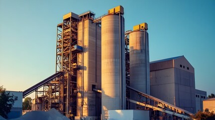 Cement Production Facility with Towering Silos and Conveyor Belts Transforming Raw Materials