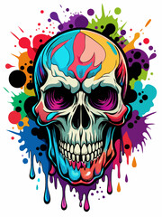 human skull design with colored splashing image for t-shirt design on white background generative AI.