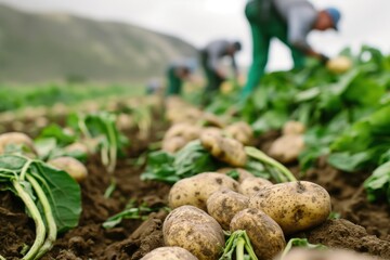 Freshly dug potatoes lie on the ground in a field with farm workers harvesting more in the background