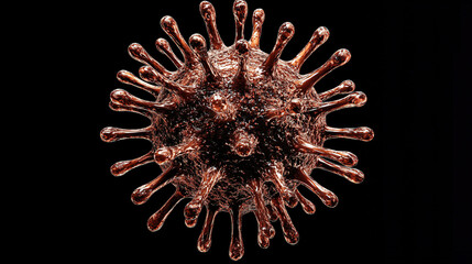 Obraz premium A detailed, high-resolution image of a virus cell under a microscope, showcasing the virus's structure with prominent spikes and proteins on its surface, set against a dark background
