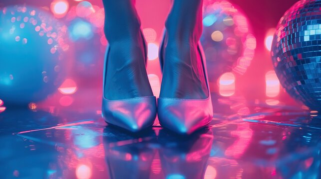 Glamorous high heels on dance floor with disco lights closeup image. shimmering discoballs retro party highheels close up photography. 80s nightlife vibes concept photo realistic