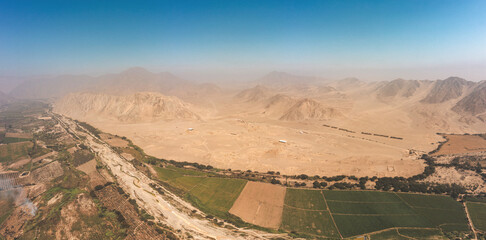 Ultra wide view the ancient archaeological site of Caral, near Supe, Barranca Province, Peru. Caral...