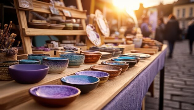 Craft fairs, vibrant stalls, artistic displays, handmade goods