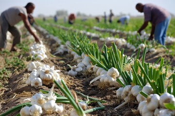 Farmers working on a garlic field, harvesting fresh organic garlic bulbs on a sunny day