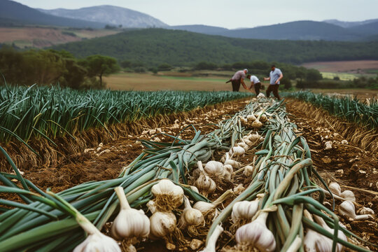 Freshly harvested garlic bulbs drying on the ground in a garlic field with farmers working in the background