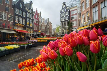 Colorful tulips are blooming in a flower market with typical dutch houses in the background